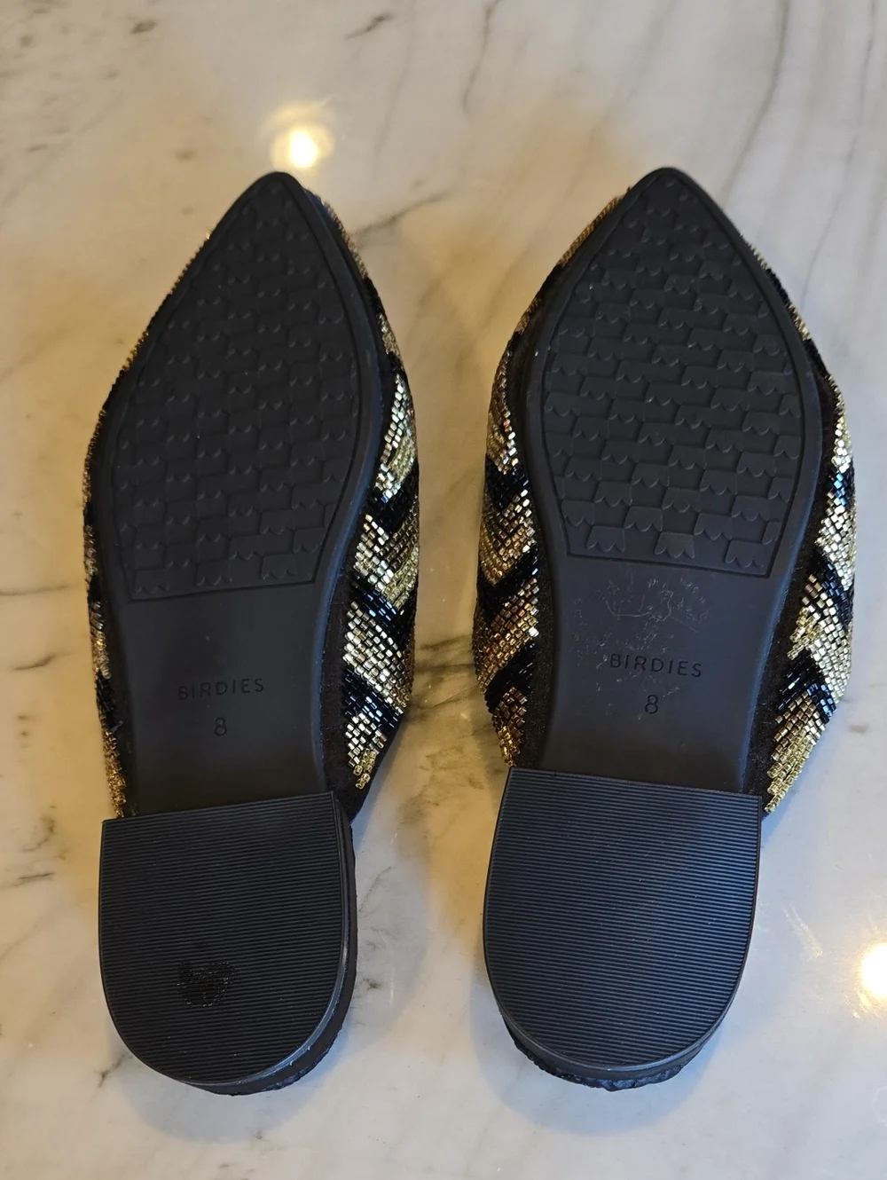 BIRDIES Shoes The SWAN Mules Deco Chevron Metallic Gold Bronze Black Size 8
